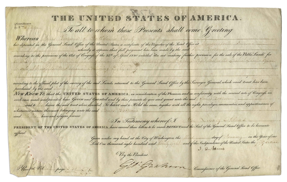 John Quincy Adams Land Grant Signed as President -- Accompanied by Engraving of Adams
